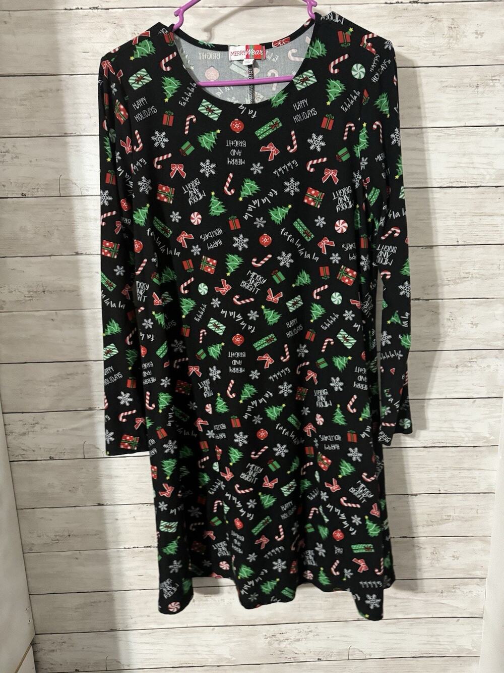 Merry Wear Black Christmas Holiday Dress Women's Long Sleeve A-Line Soft Size S